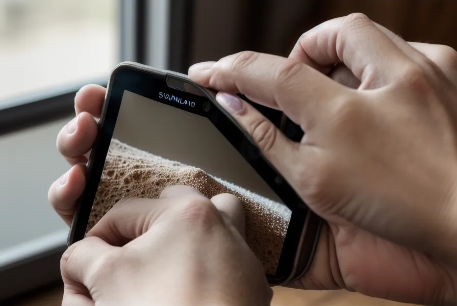 Nivelando la cubierta de cocina con una app de nivel antes de aplicar porcelanato líquido
