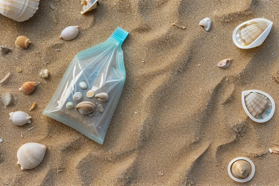 Bolsa de arena de playa y conchas pequeñas junto a un cuaderno de apuntes de resina epóxica