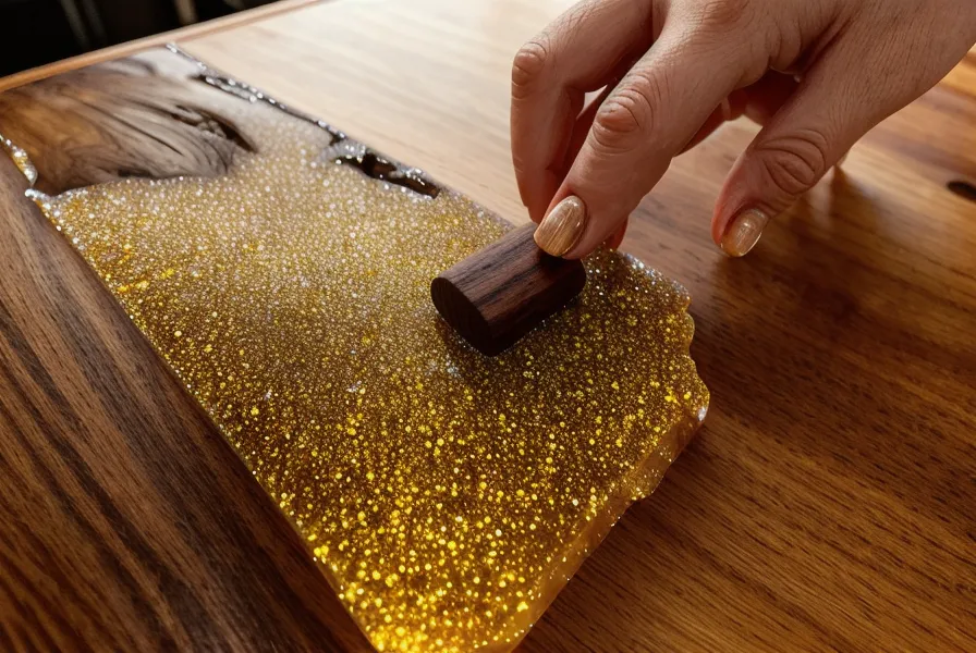 Molde de silicona grande lleno de resina epoxi apoyado sobre soporte rígido de madera