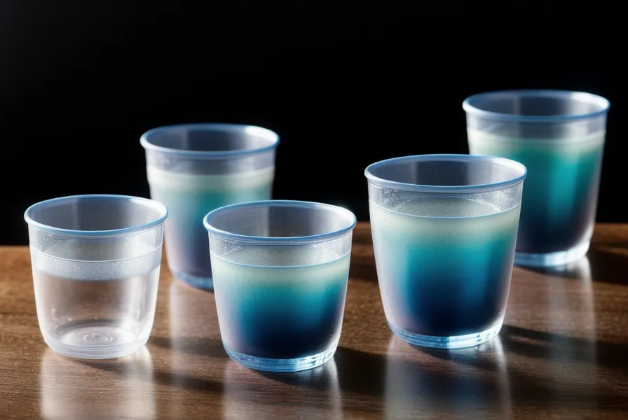 Tres vasos con distintas intensidades de azul para preparar un degradado de resina con pigmentos líquidos