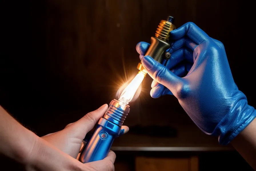 Antorcha retirando burbujas de una pieza de resina epóxica con degradado de color azul