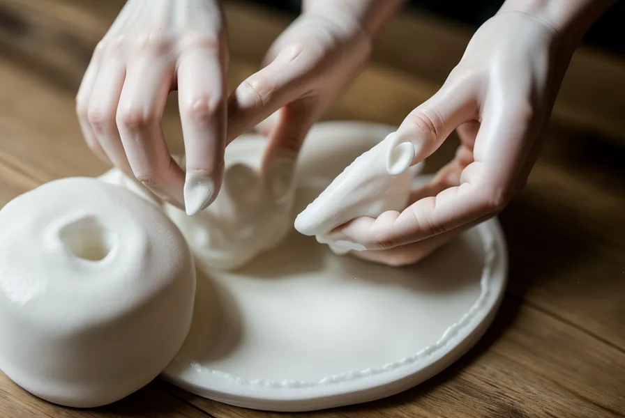 Manos amasando arcilla polimérica blanca antes de moldear una pieza de joyería artesanal.