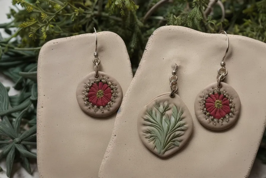 Aros terminados de arcilla polimérica con flores secas junto a un cuaderno de notas de manualidades.