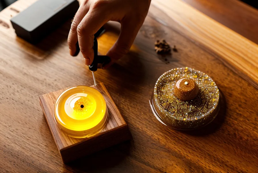 Encendedor largo pasando calor sobre un posavasos de resina epoxi para sacar burbujas