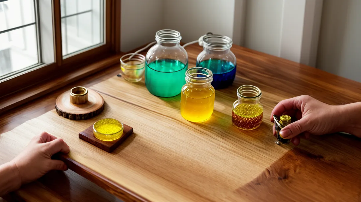 Vasos medidores y balanza digital sobre una mesa de trabajo, la base para medir resina epoxi sin errores de principiante