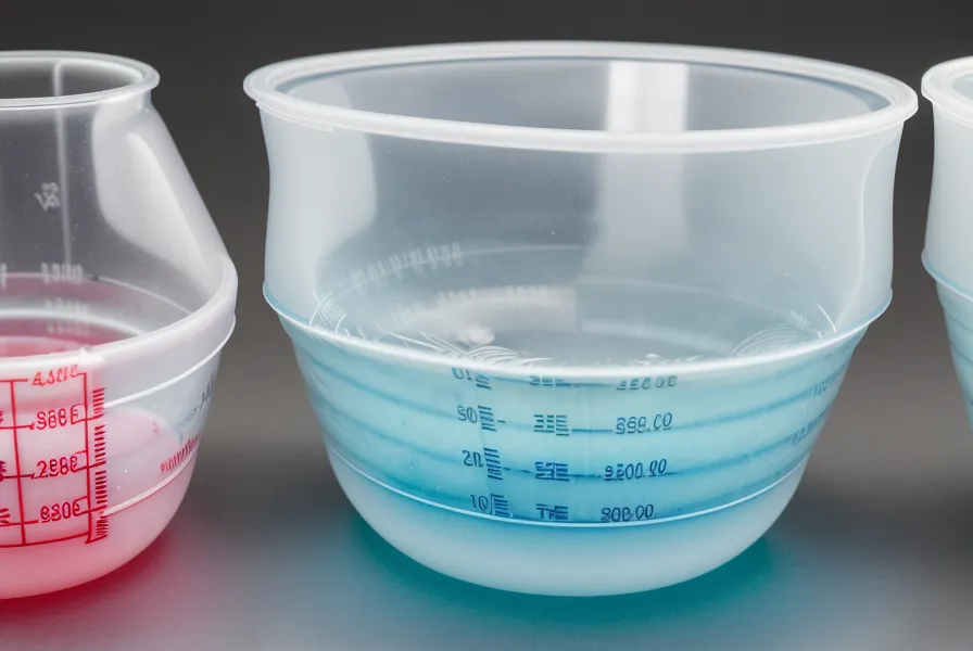 Primer plano de vasos medidores de resina epoxi mostrando el efecto del menisco al medir por volumen