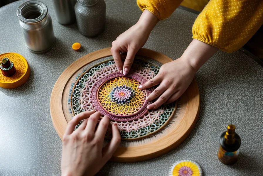 Mandala en puntos pintada a mano sobre una pieza de resina decorativa curada, con paleta de acrílicos al lado