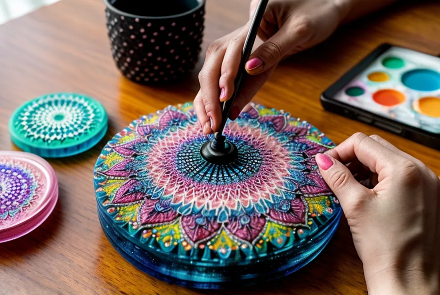 Mandala en puntos terminada sobre una pieza de resina decorativa, junto a una taza de café