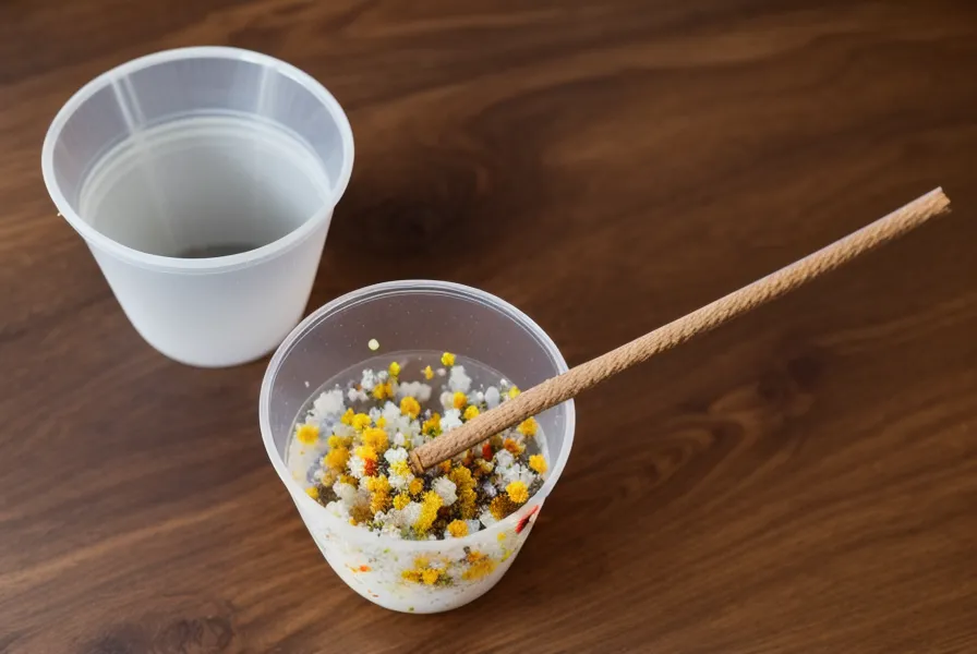 Vaso de mezcla de resina epoxi con burbujas y palito de madera, revisando la proporción antes de verter
