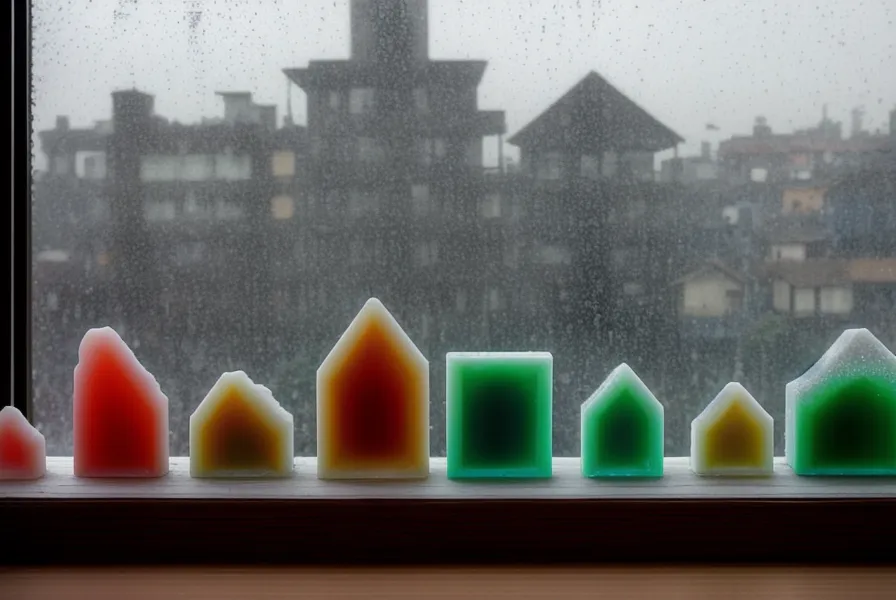 Ventana en Santiago un día lluvioso junto a moldes para accesorios DIY en resina