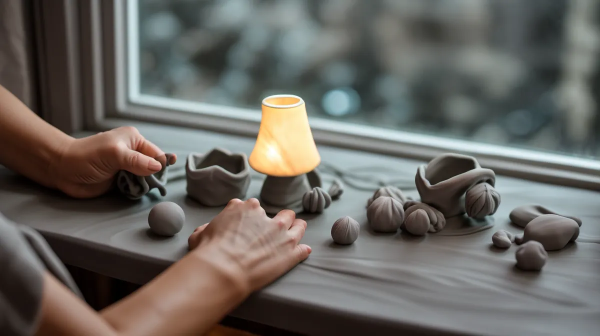 Bloque de arcilla polimérica gris sobre una mesa de madera, listo para probar texturas caseras con herramientas low cost