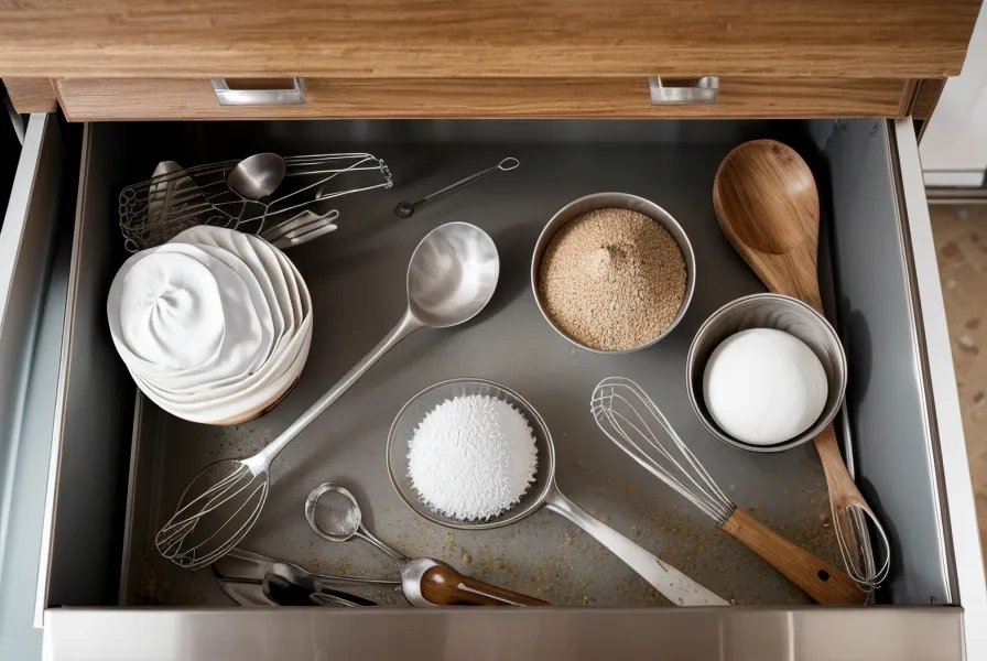 Cajón de cocina abierto con utensilios cotidianos elegidos como herramientas low cost para texturizar arcilla polimérica