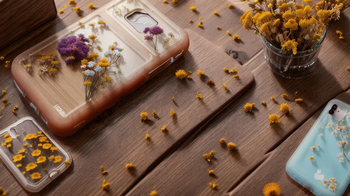 Funda de celular personalizada con resina epoxi terminada sobre la mesa de trabajo