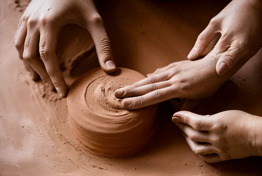Manos de una principiante amasando arcilla polimérica color terracota para acondicionarla antes de moldear joyería hecha a mano