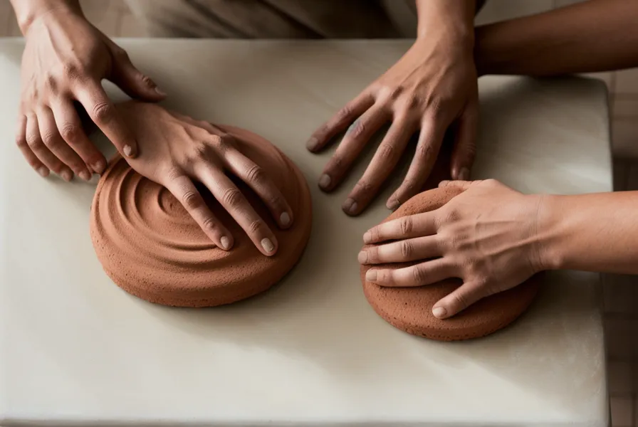 Manos acondicionando un bloque de arcilla polimérica color terracota sobre un azulejo