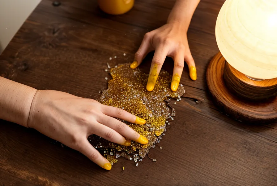 Mano enguantada limpiando un derrame de resina epoxi líquida con papel absorbente