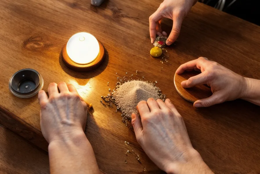 Accesorios de resina epóxica terminados sobre la mesa de madera de Ñuñoa