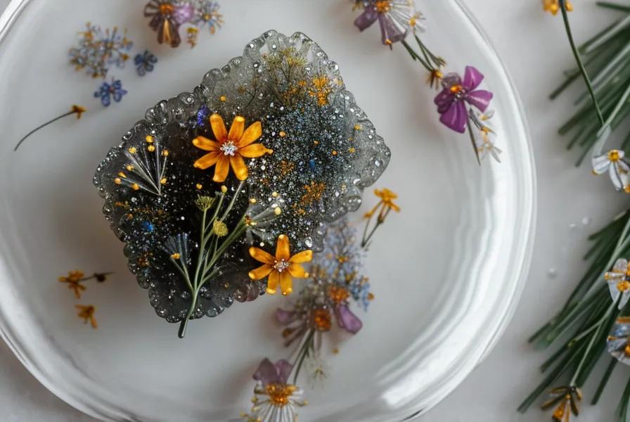 Pieza de resina epoxi terminada con flores encapsuladas después de un proceso de curado seguro en departamento pequeño